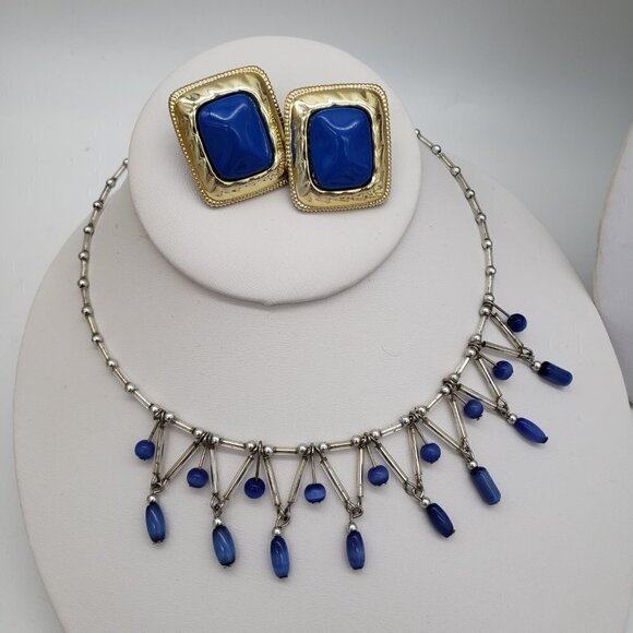 Huge Jewelry Lot of Blue and Silver Gold Tone Necklaces Bracelets Earrings Pins - Picture 2 of 15